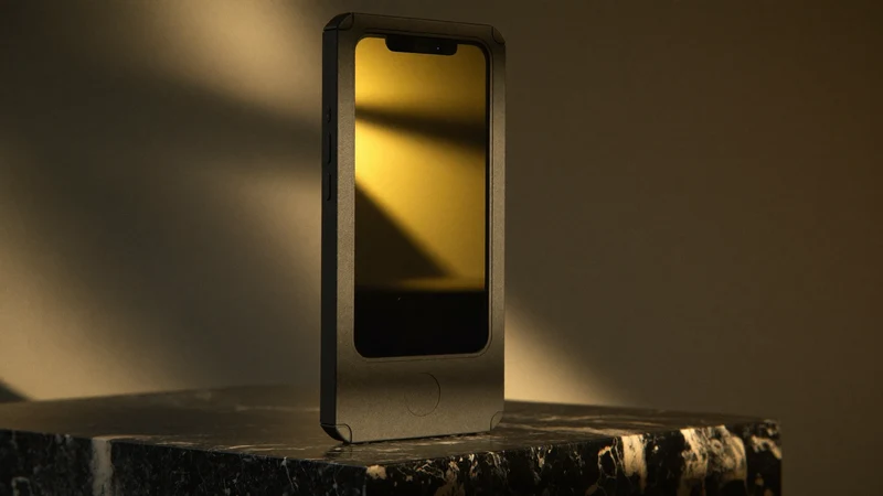 Telefon într-o husă închisă la culoare, pe un piedestal de piatră